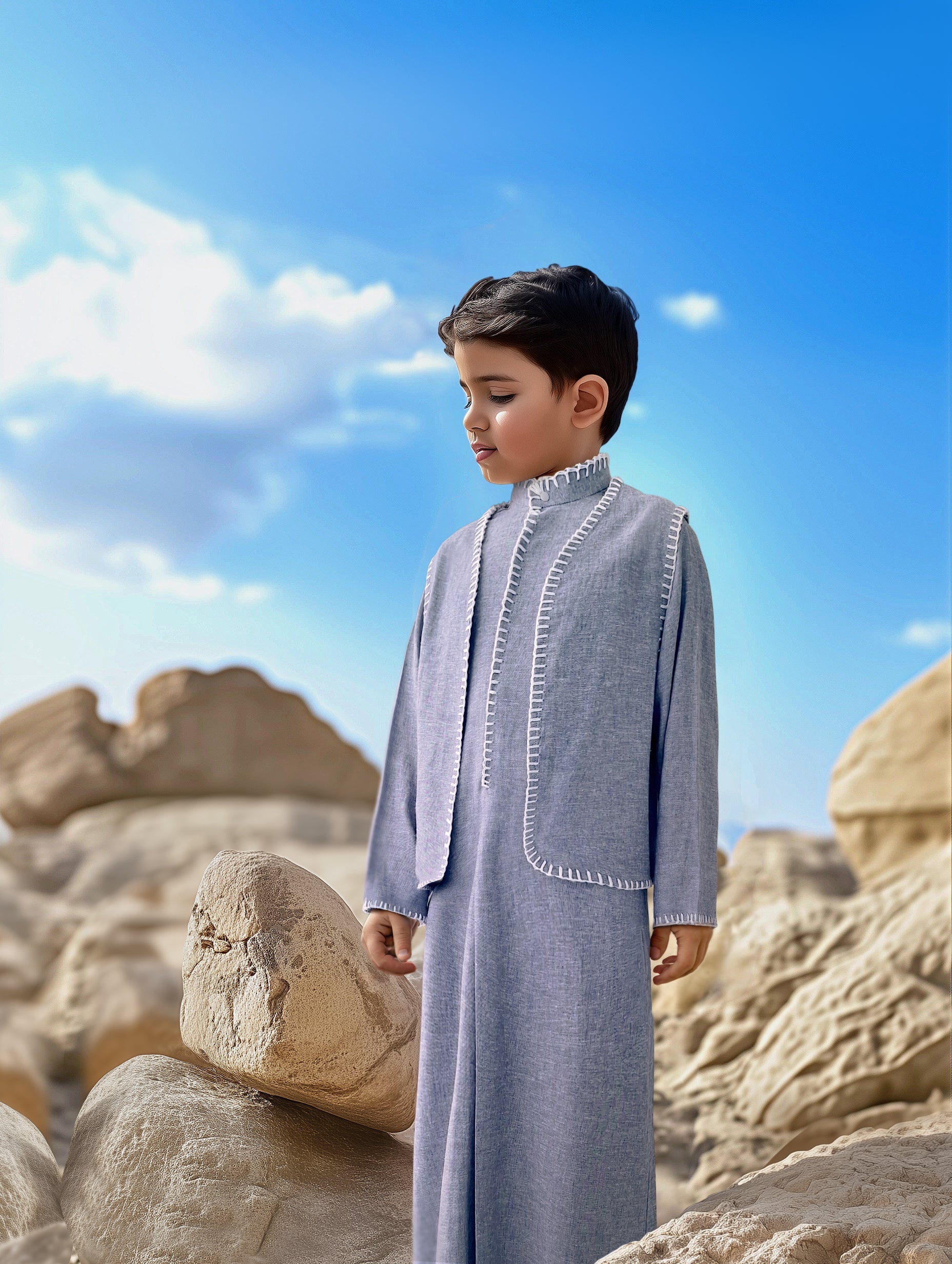 Boys’ Linen Dishdasha Set by Al Jazeera With Vest And Bag D3