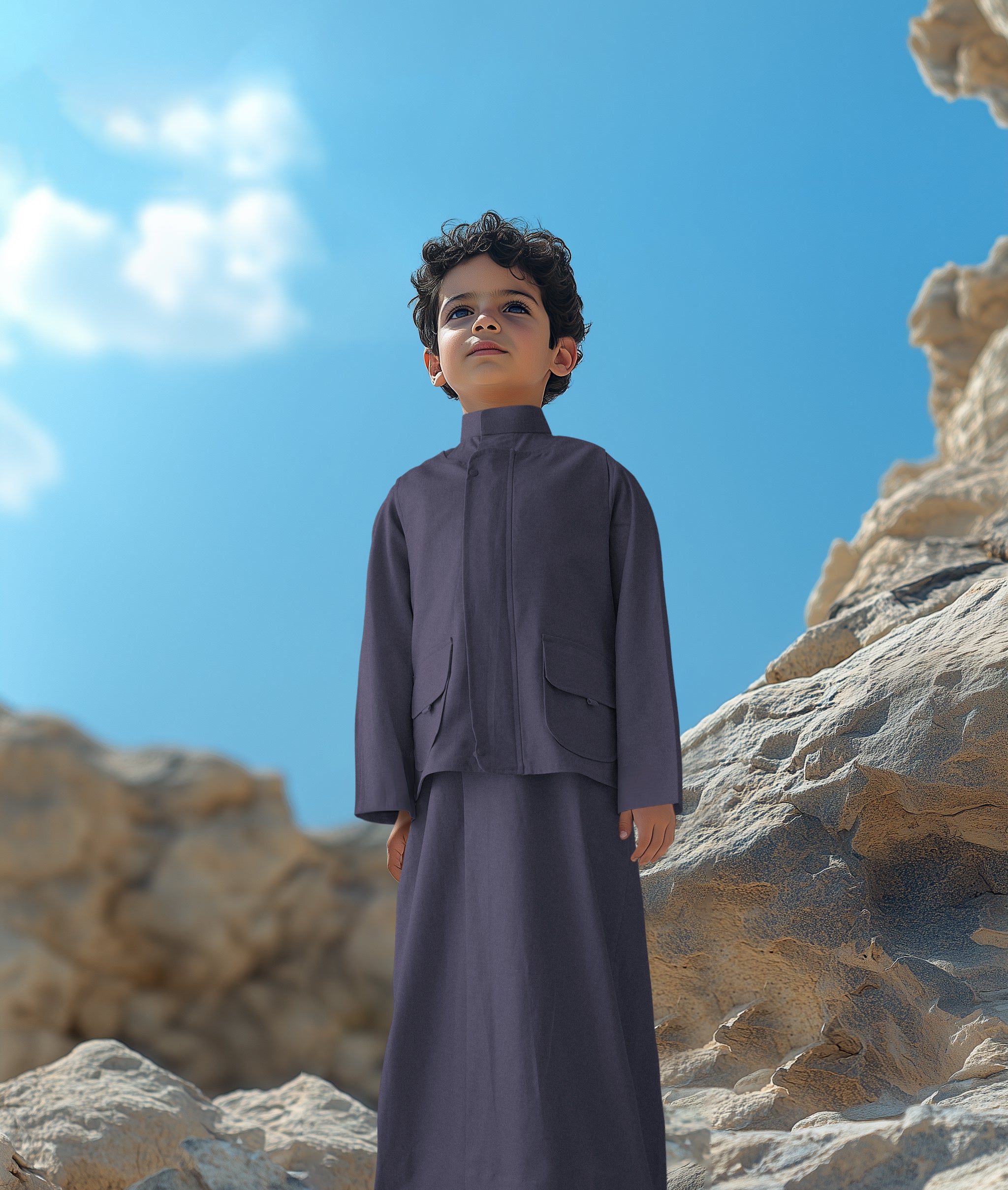 طقم دشداشة صيفي من الكتان للأولاد من الجزيرة مع سترة وحقيبة D1