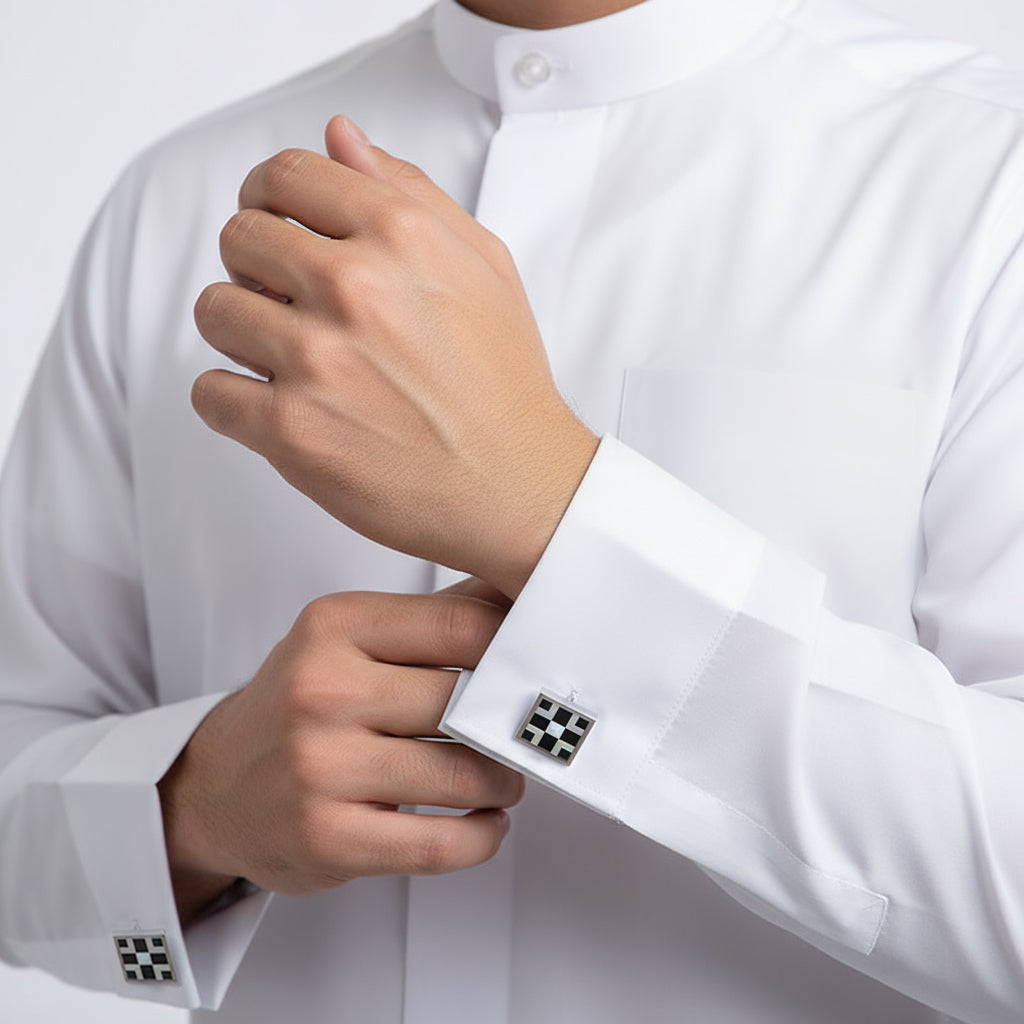 Silver Cufflink with Black and White Squares by Al Jazeera with Classic Contrasting Style