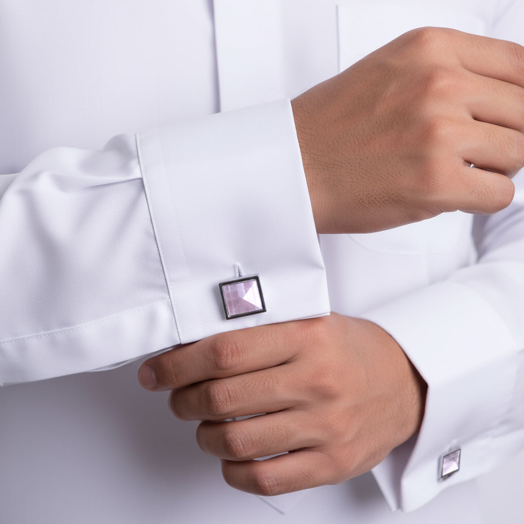 Silver Cufflink with Light Pink Stone by Al Jazeera with Sophisticated Gentle Accent