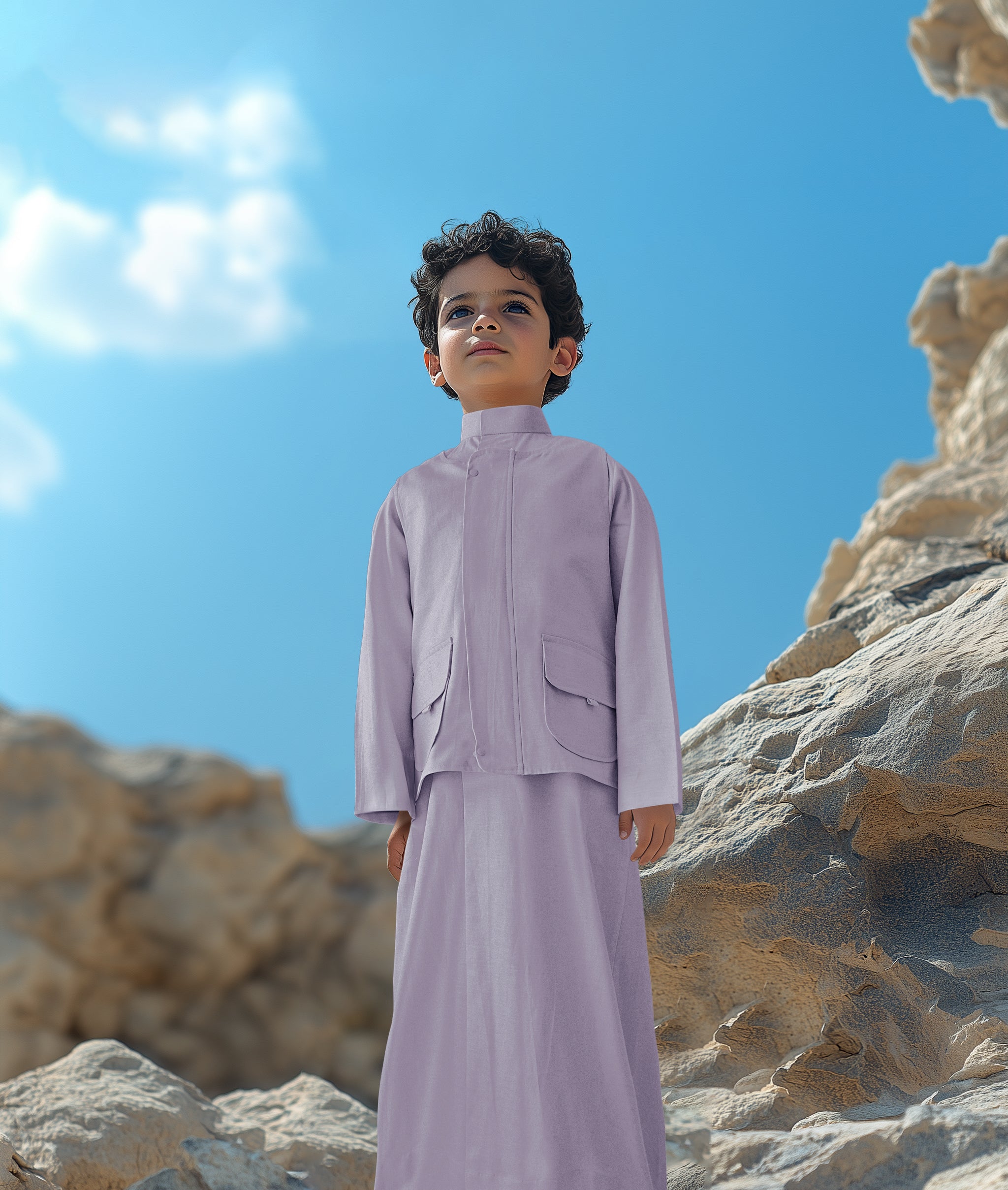 طقم دشداشة صيفي من الكتان للأولاد من الجزيرة مع سترة وحقيبة D1