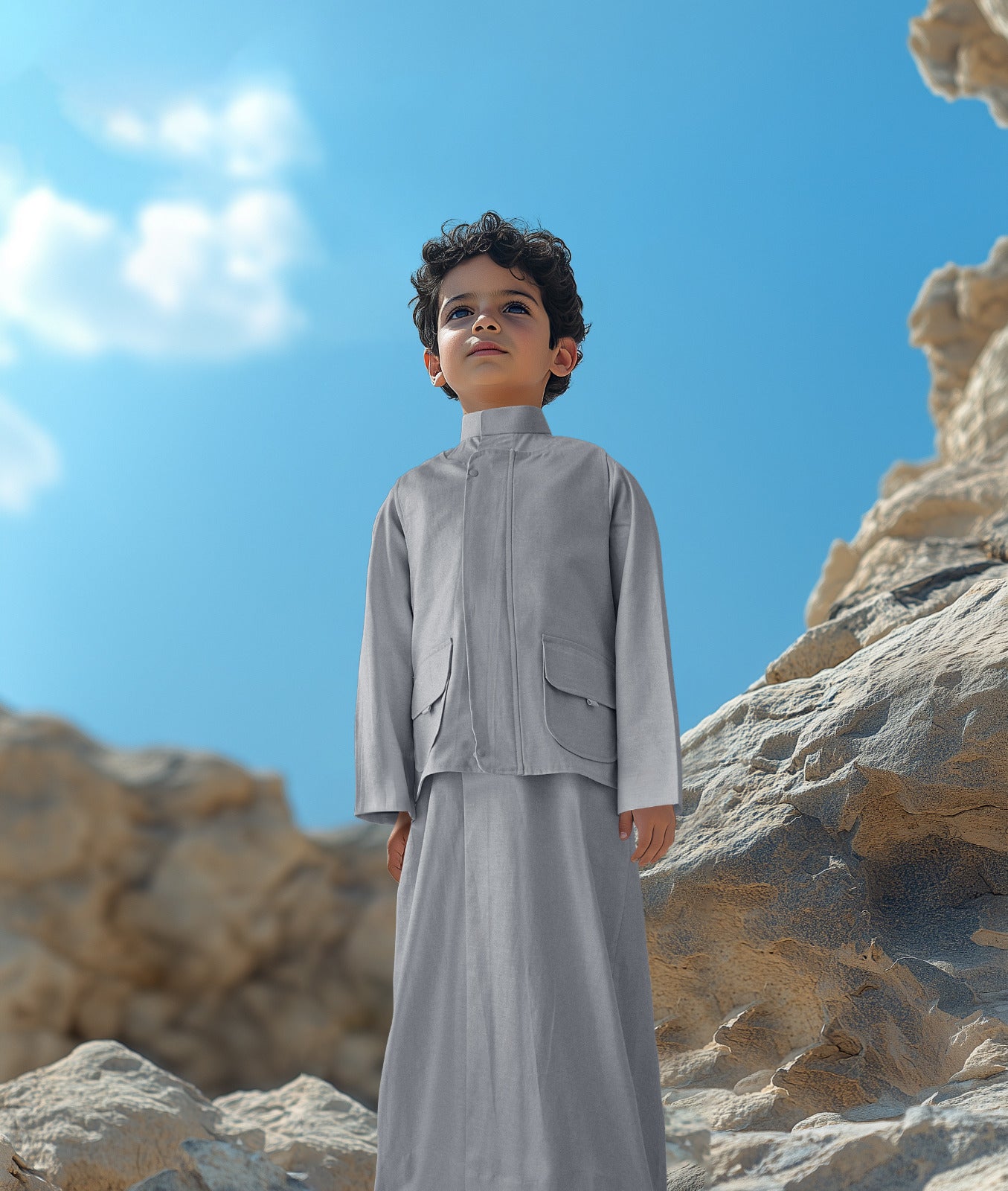 Boys’ Linen Dishdasha Set by Al Jazeera With Vest And Bag D1