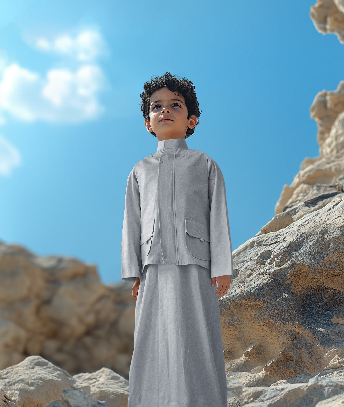 Boys’ Linen Dishdasha Set by Al Jazeera With Vest And Bag D1