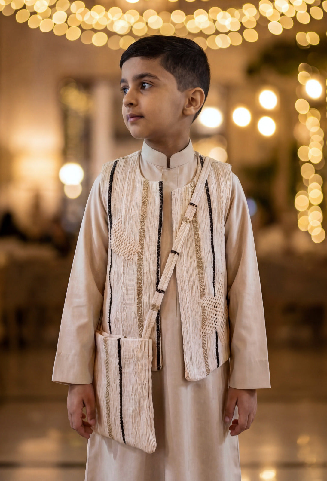 Boys’ Beige Stripes Gergean Vest With Bag