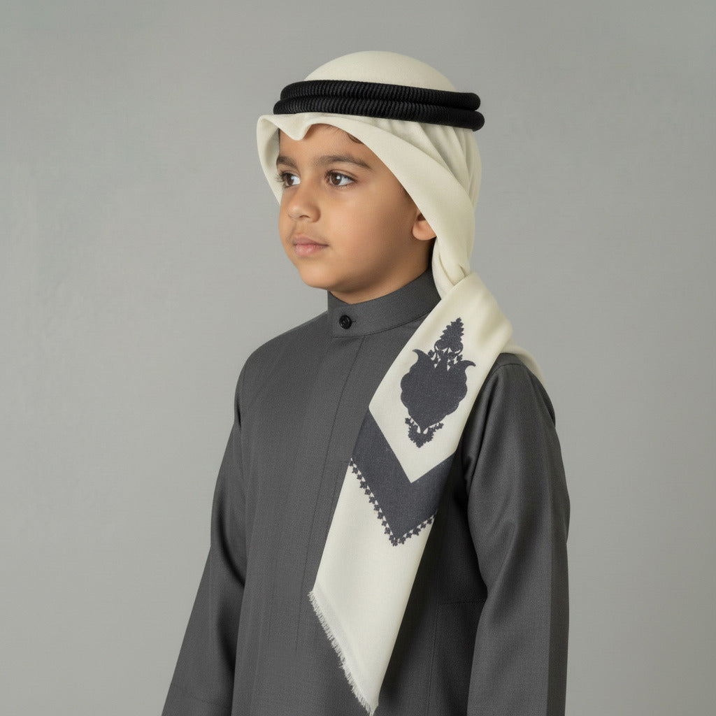 شال صوف هندي أبيض بنقشة ملونة للأولاد من الجزيرة