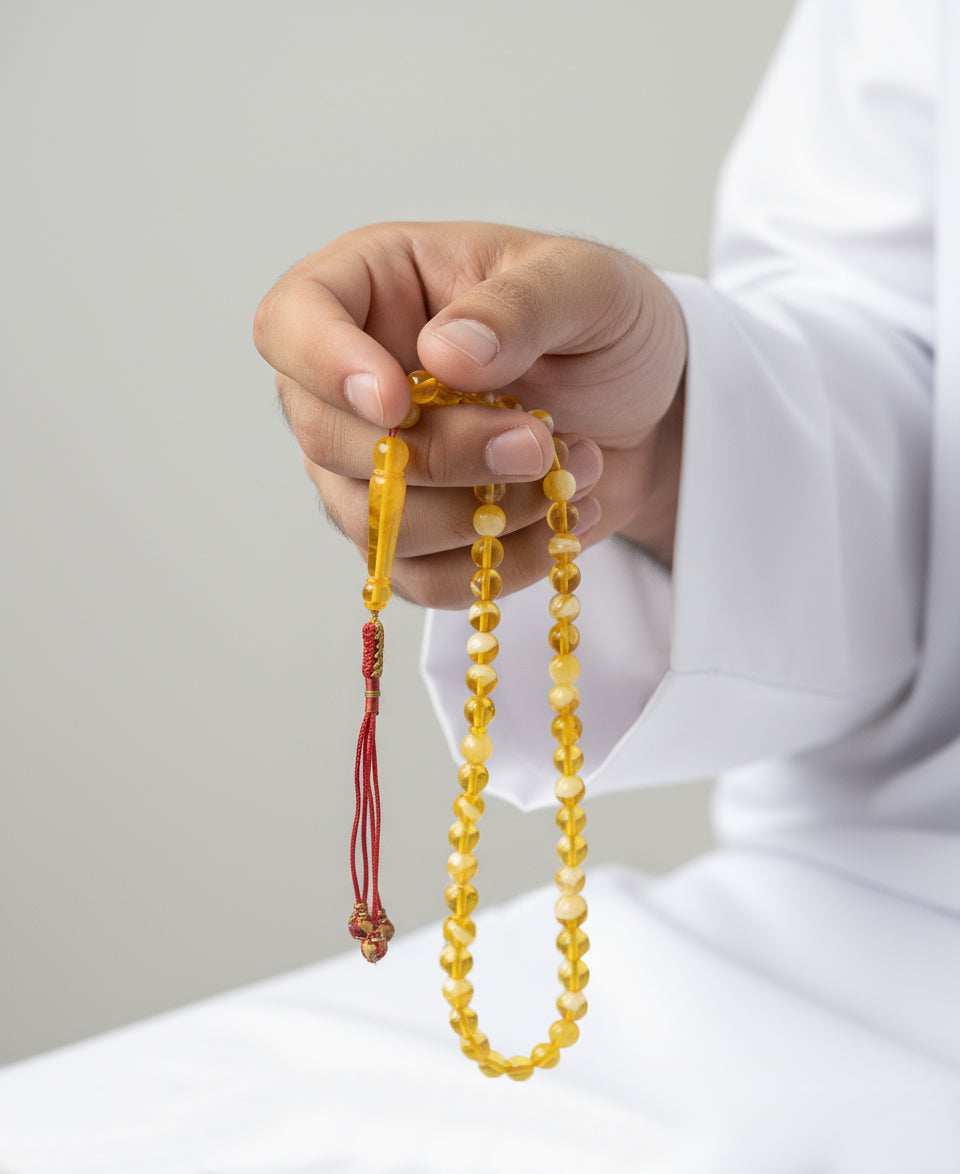 Yellow Misbah with Red Karkoosha by Al Jazeera