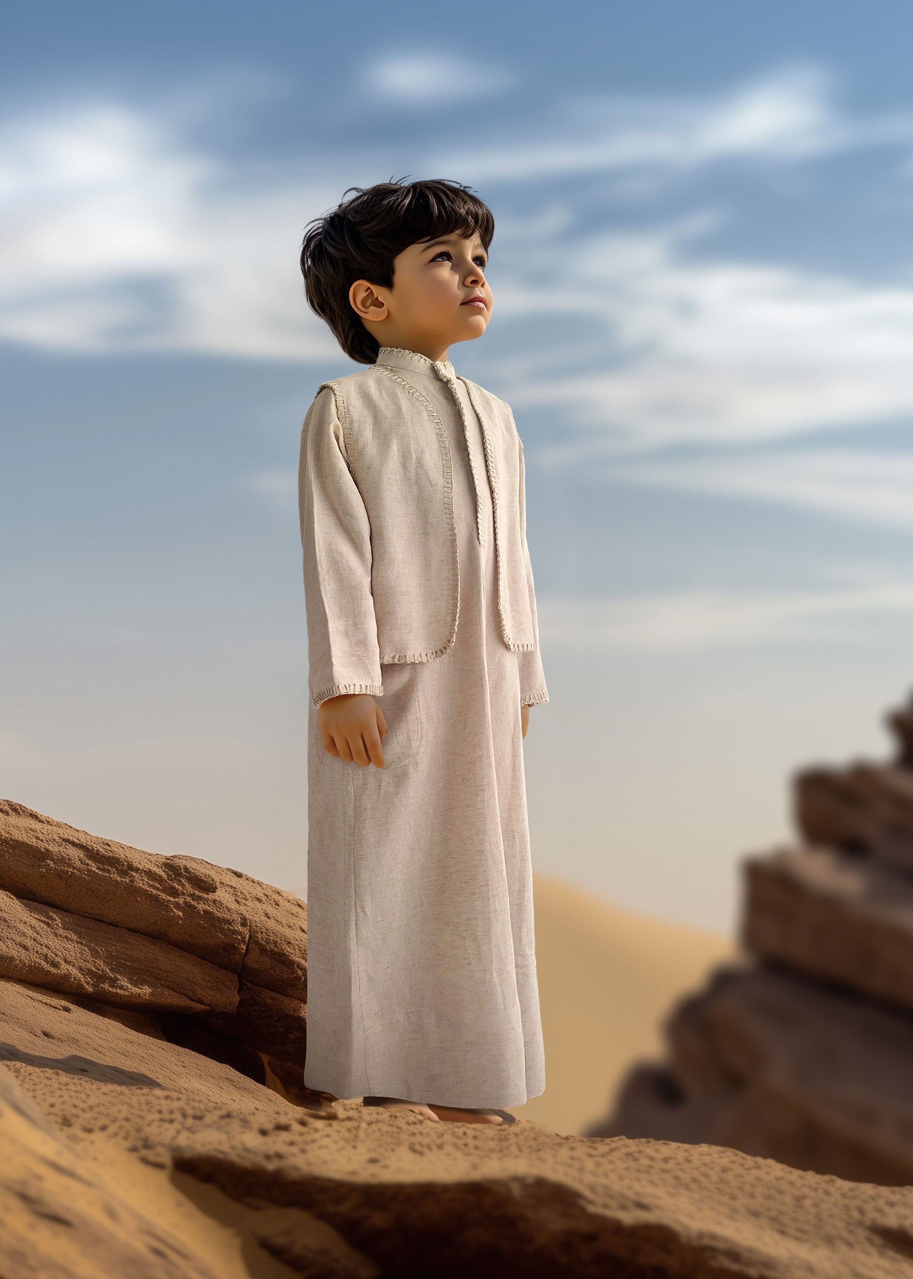 Boys’ Linen Dishdasha Set by Al Jazeera With Vest And Bag D3