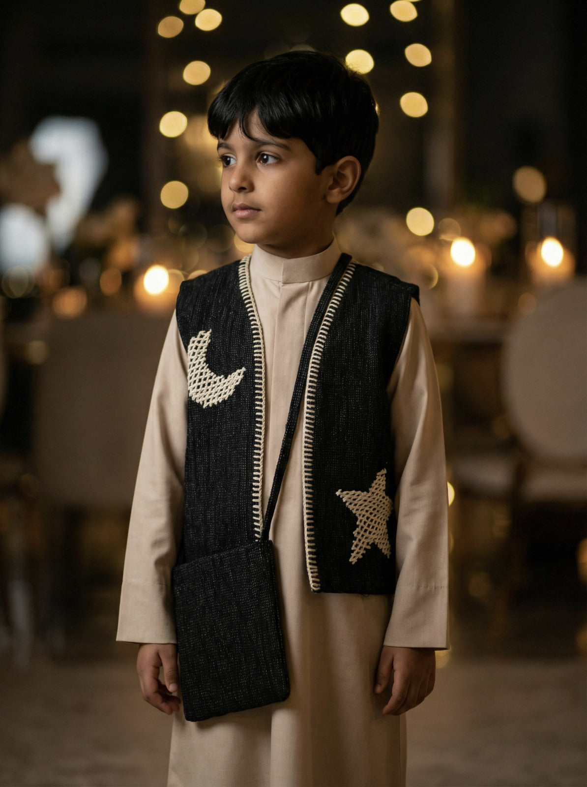 سديرية بلون أسود مع النجوم مع حقيبة للقرقيعان