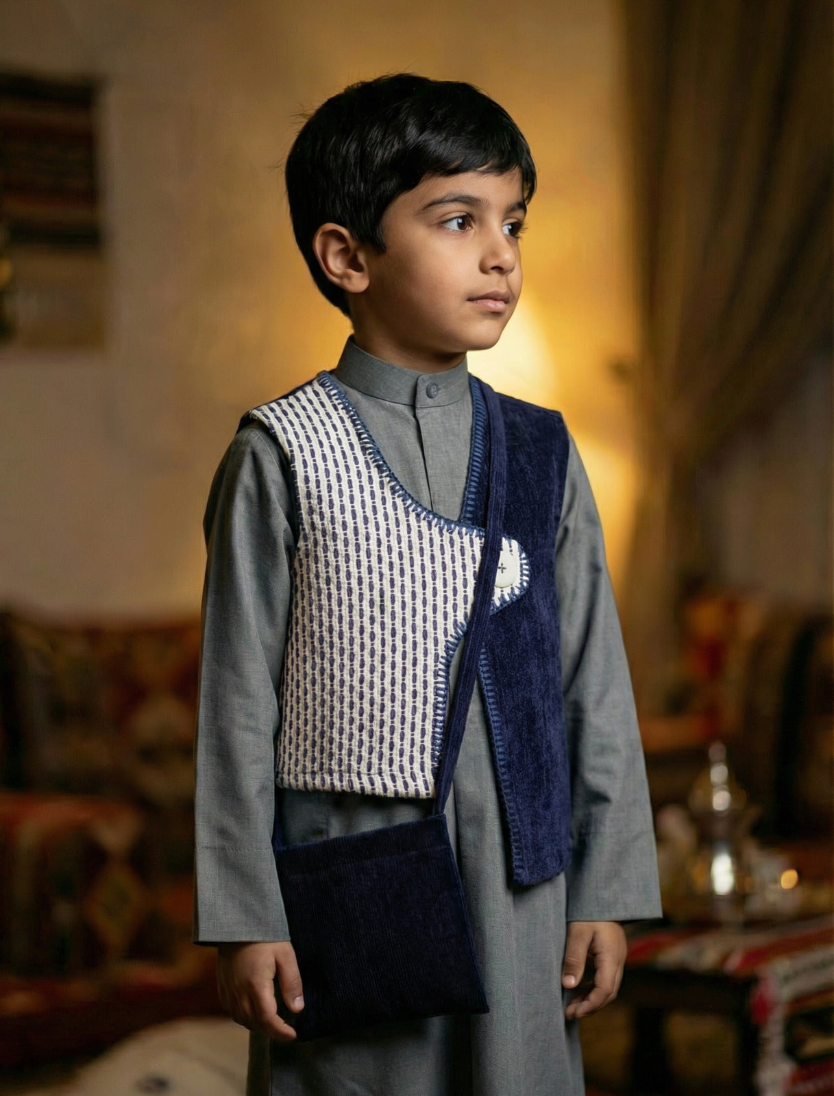 سديرية بلون الأزرق الداكن والأبيض مع حقيبة للقرقيعان