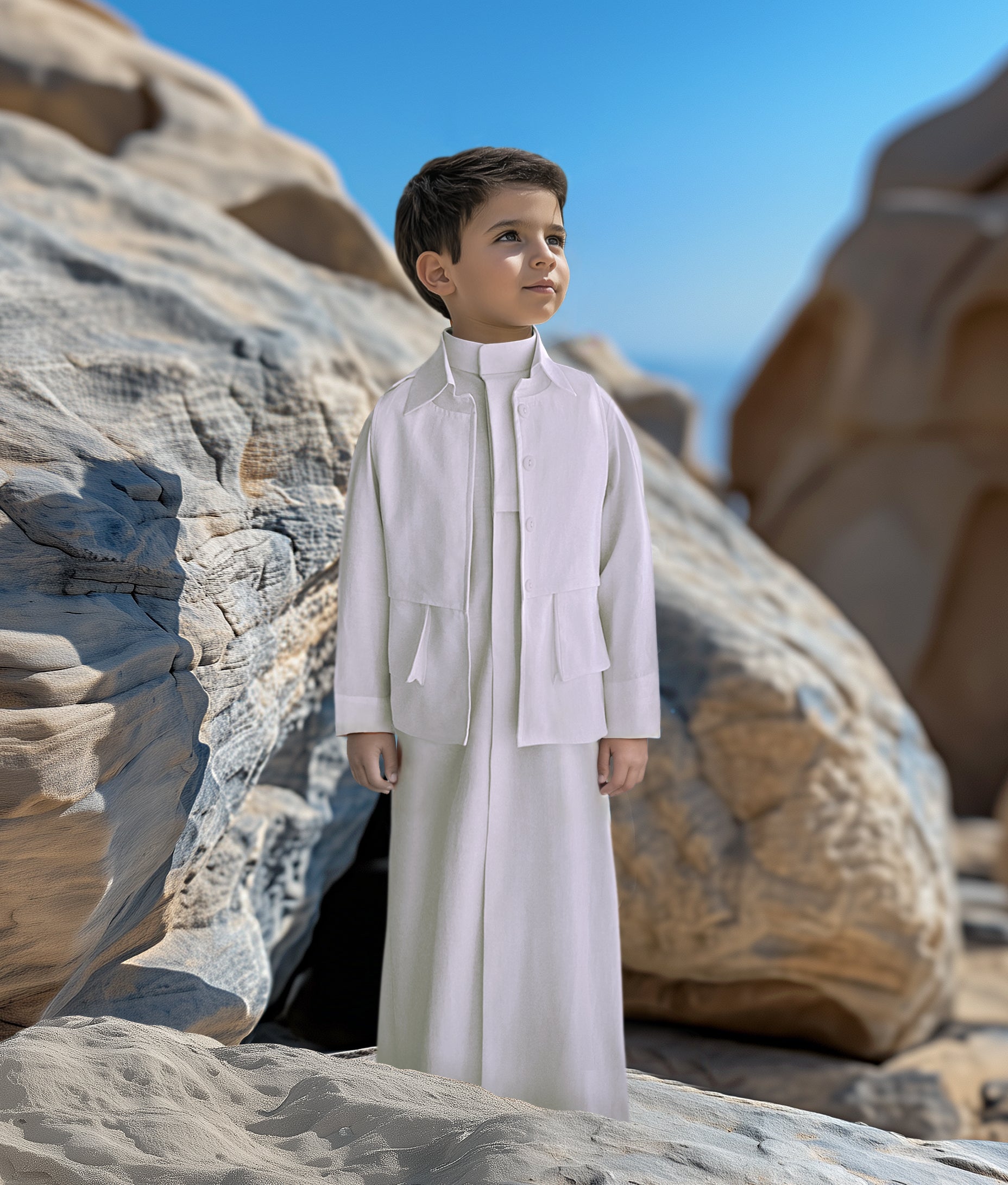 Boys’ Linen Dishdasha Set by Al Jazeera With Vest And Bag D2